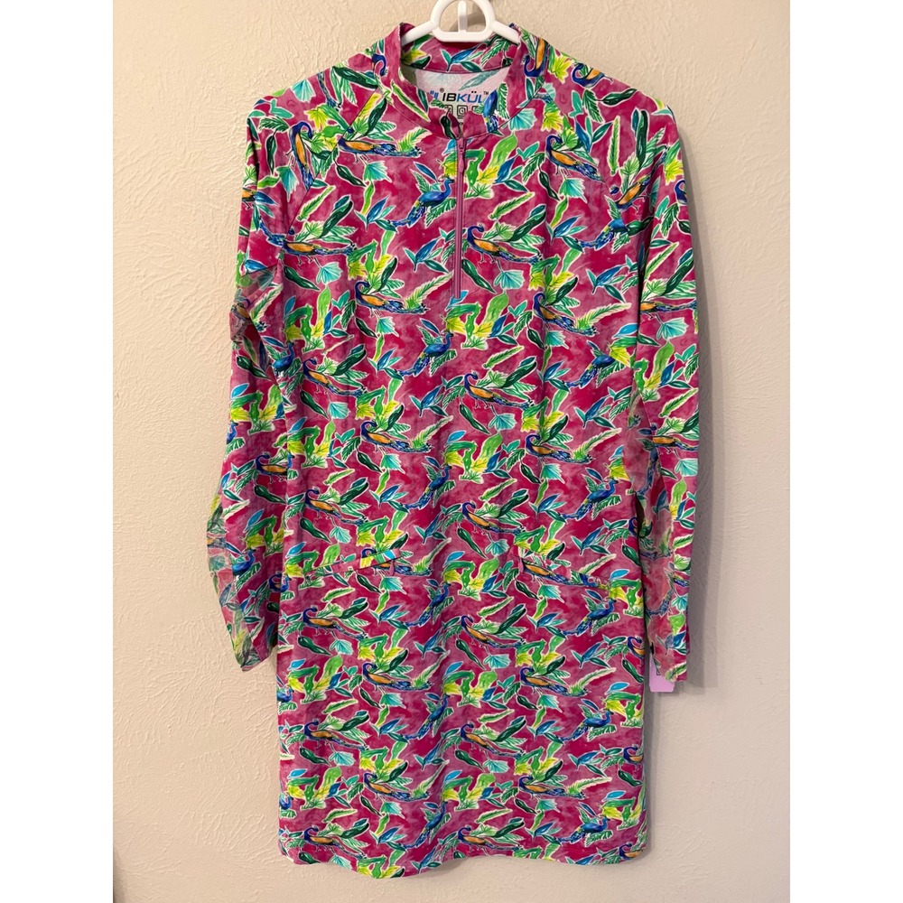 IBKUL Pink Peacock Tropical Sun Dress Long Sleeve UPF 50+ Quarter Zip Pocket M